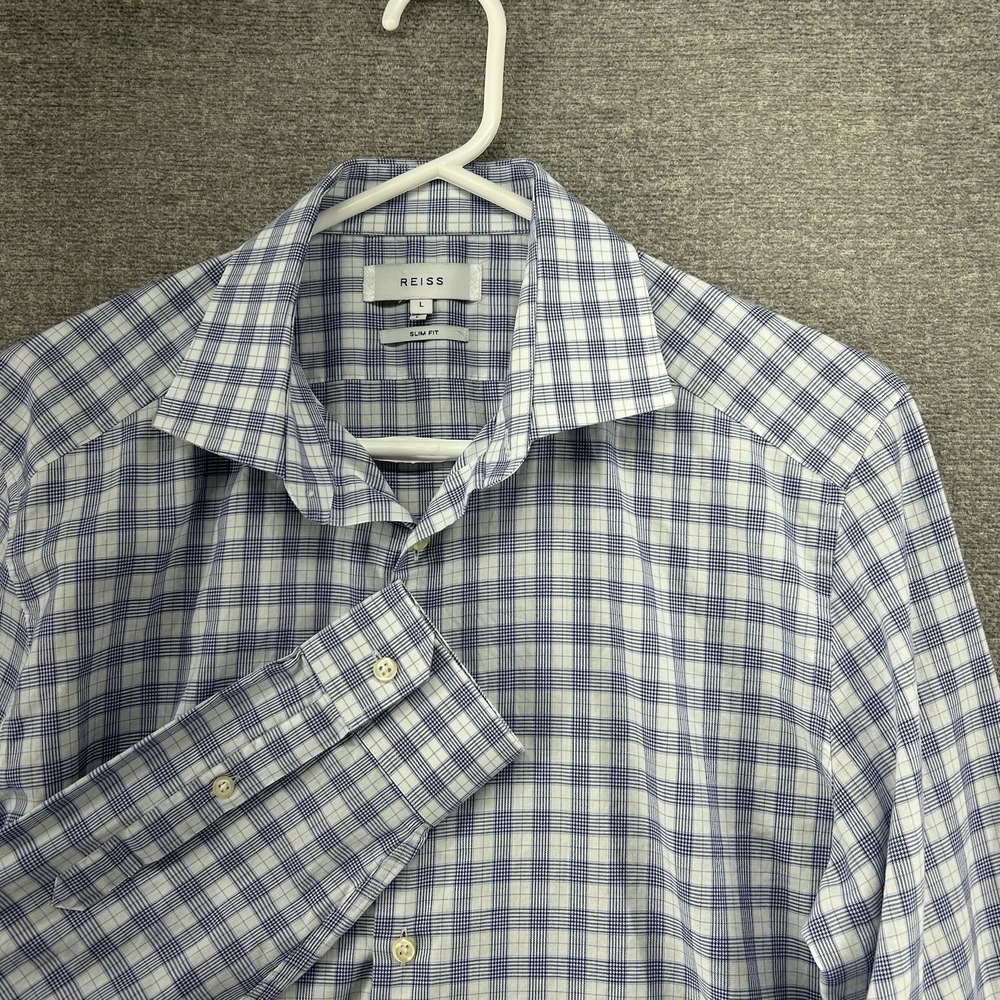 Reiss Slim Fit Shirt Men Size Large Blue White Check Long Sleeve